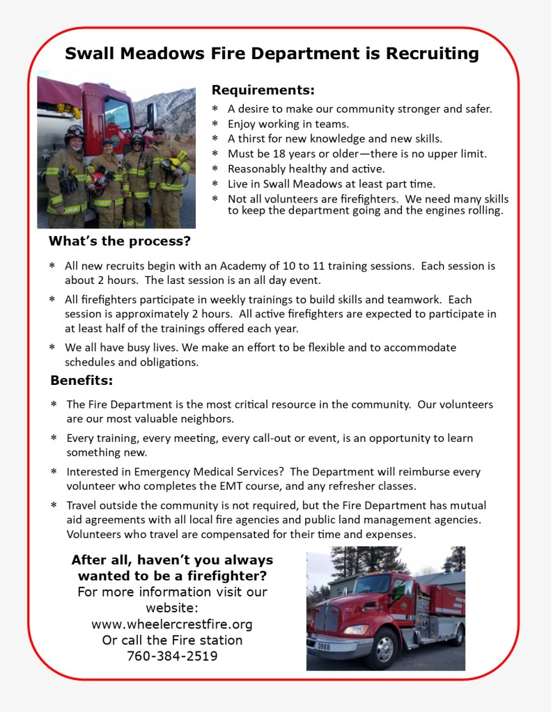 This is an image of the recruiting flyer which includes information on how to join, what the requirements are, and the benefits of being a fire department volunteer. 